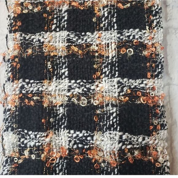 POPCORN KNIT Plaid Fringed Lightweight Scarf Orange Black White - Picture 5 of 5